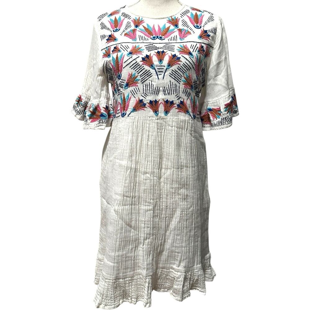 Chloe Oliver White Embroidered Floral Gauze Mini Dress XS Boho‎ Vacation Summer